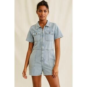 Light Wash Short Denim Utility Romper coveralls Zip Front Size Large